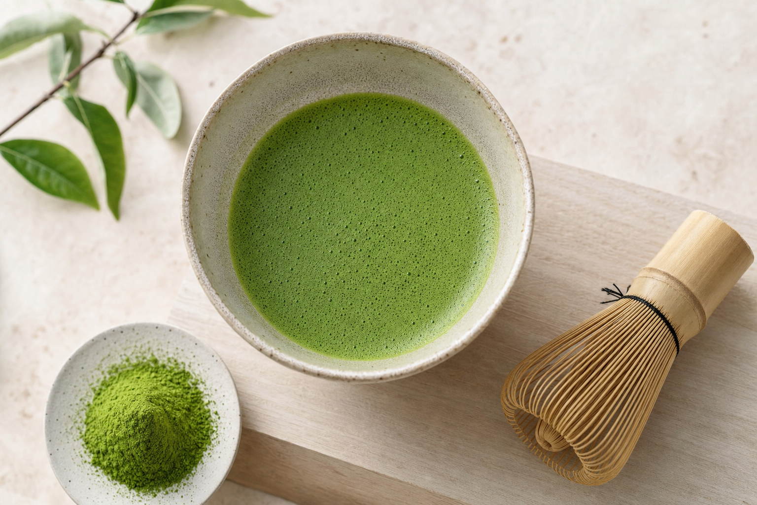 A bowl of vivid jade-green matcha being whisked — illustrative image