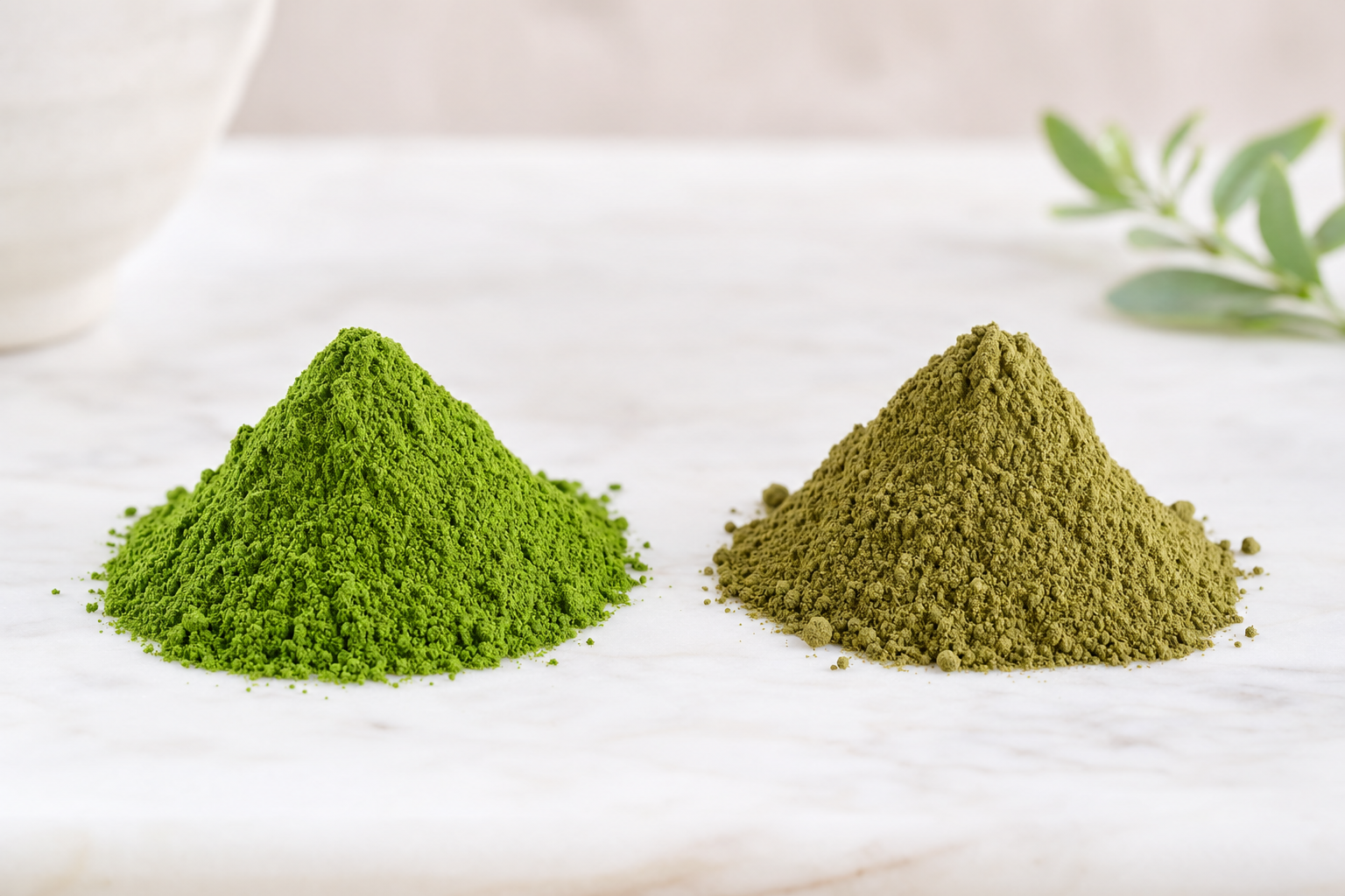 A vivid jade-green matcha powder beside a dull yellow-green one — illustrative comparison